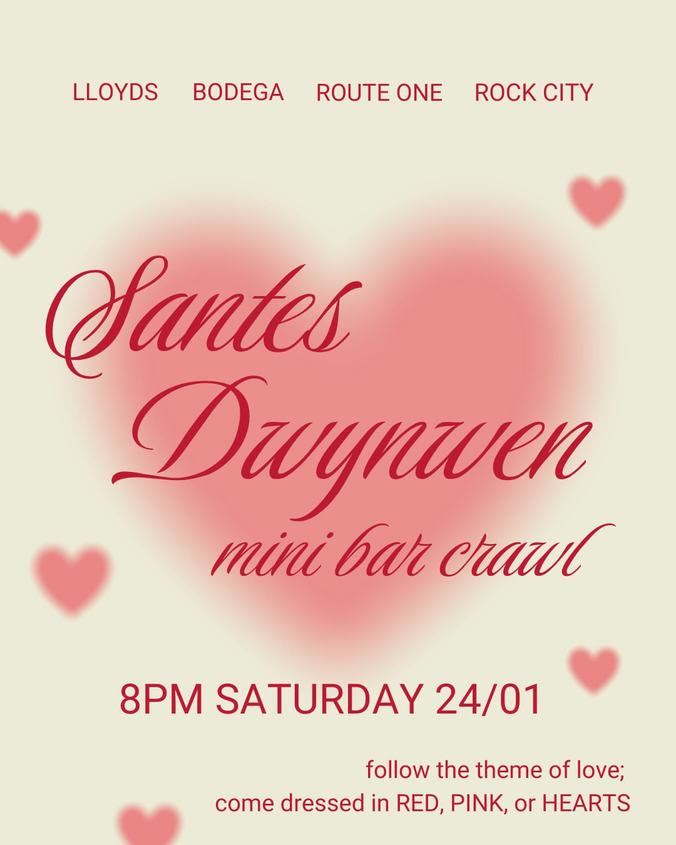 Diwrnod Santes Dwynwen Mini Bar Crawl