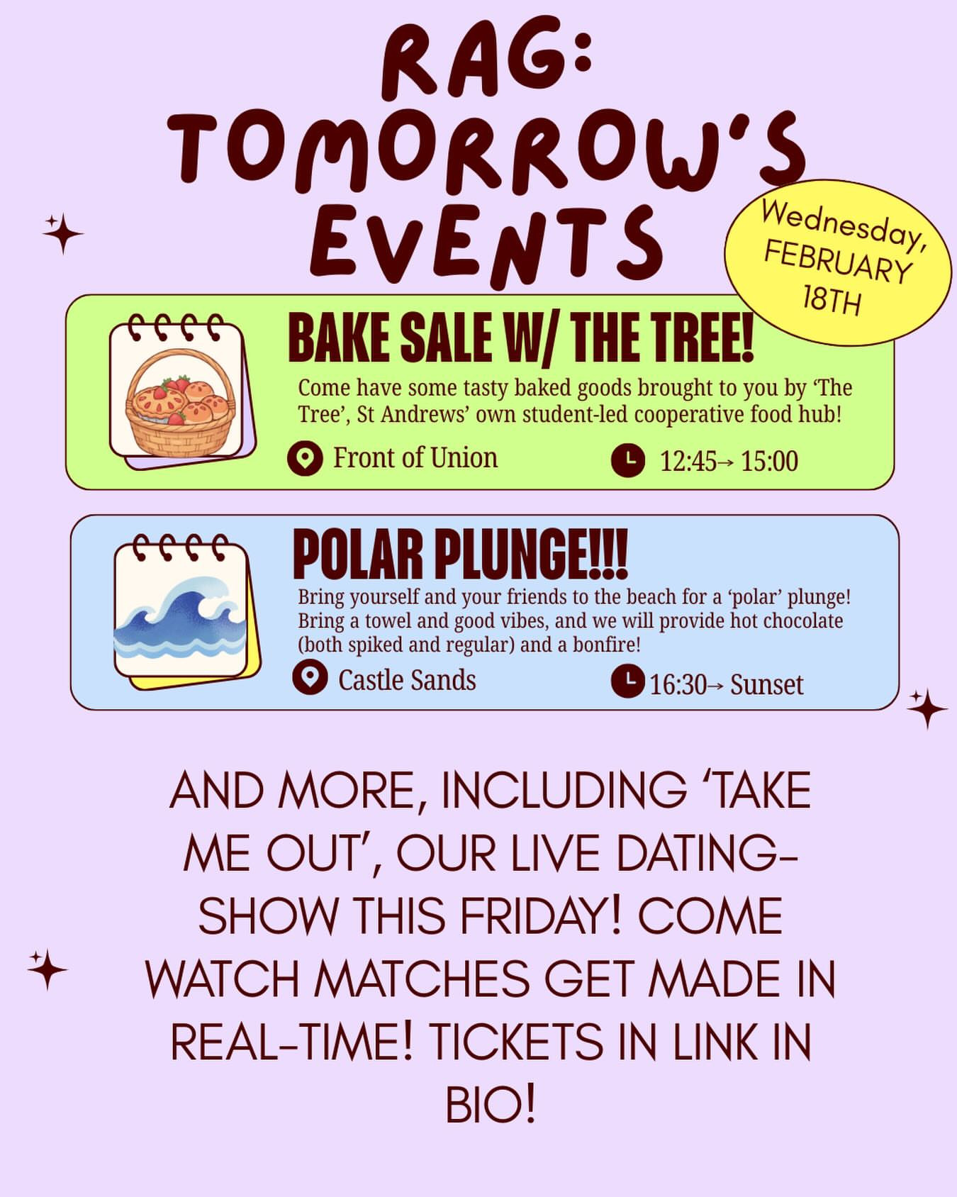 RAG Events: Bake Sale, Polar Plunge & Take Me Out