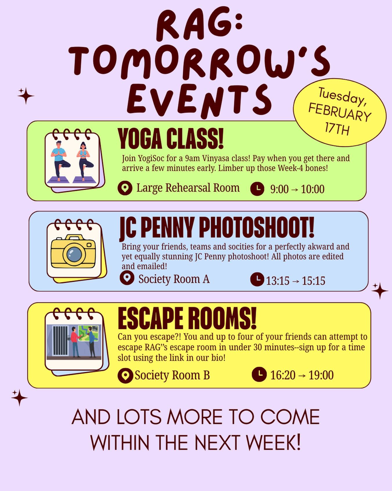 RAG Events: Yoga, Photoshoot & Escape Rooms