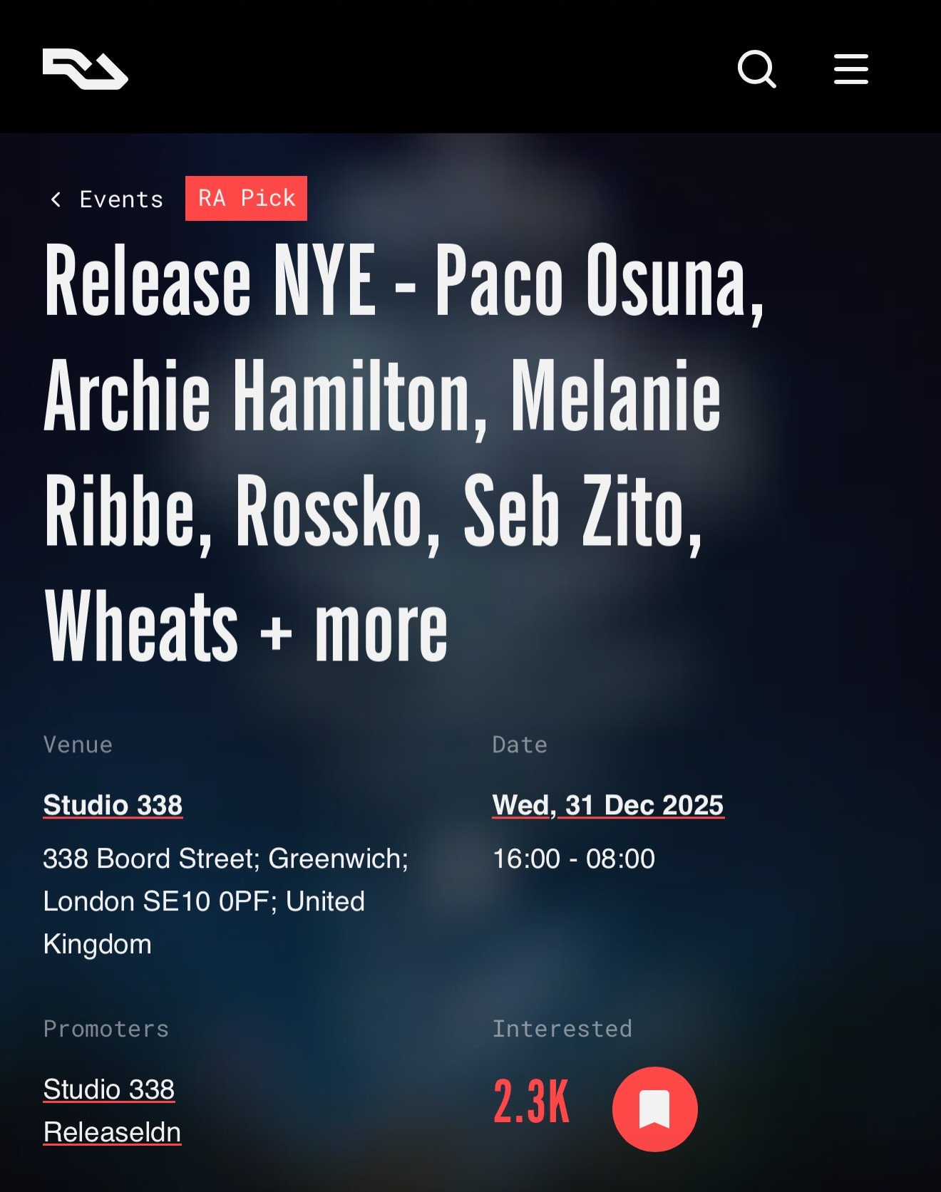 Release NYE - Paco Osuna, Archie Hamilton, Melanie Ribbe, Rossko, Seb Zito, Wheats + more